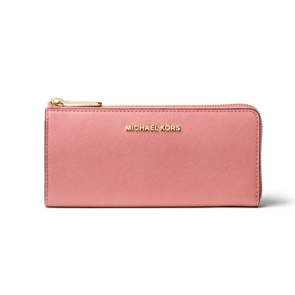 New Michael Kors Jet Set Travel Large Leather Quarter-Zip Wallet Primrose - Picture 1 of 2